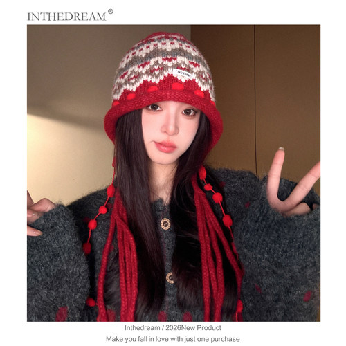 费尔岛风提花毛线帽女秋冬针织护耳帽显脸小保暖防寒拉法帽子潮