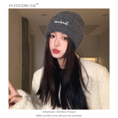 字母刺绣蓝色毛线帽女2025年秋冬季韩系百搭帽子显脸小保暖包头帽