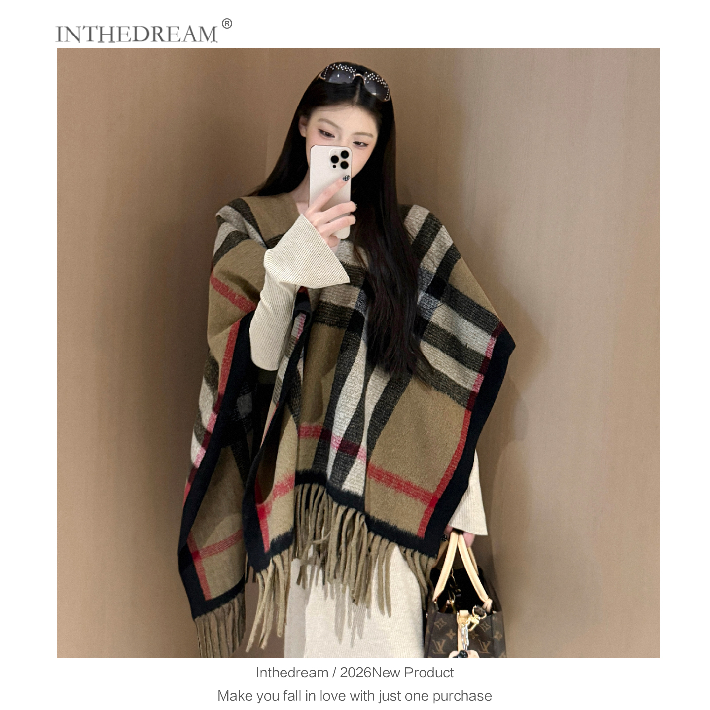 韩版高级感气质格纹羊毛斗篷披肩女春秋季慵懒保暖围巾针织外套潮