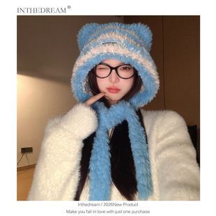 2025毛绒帽子女秋冬可爱小熊耳朵连帽针织帽毛茸茸大头围保暖防寒