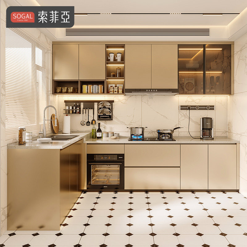 索菲亚橱柜定制石英石台面U型L型一体灶台柜厨柜定制轻奢风阿尔法