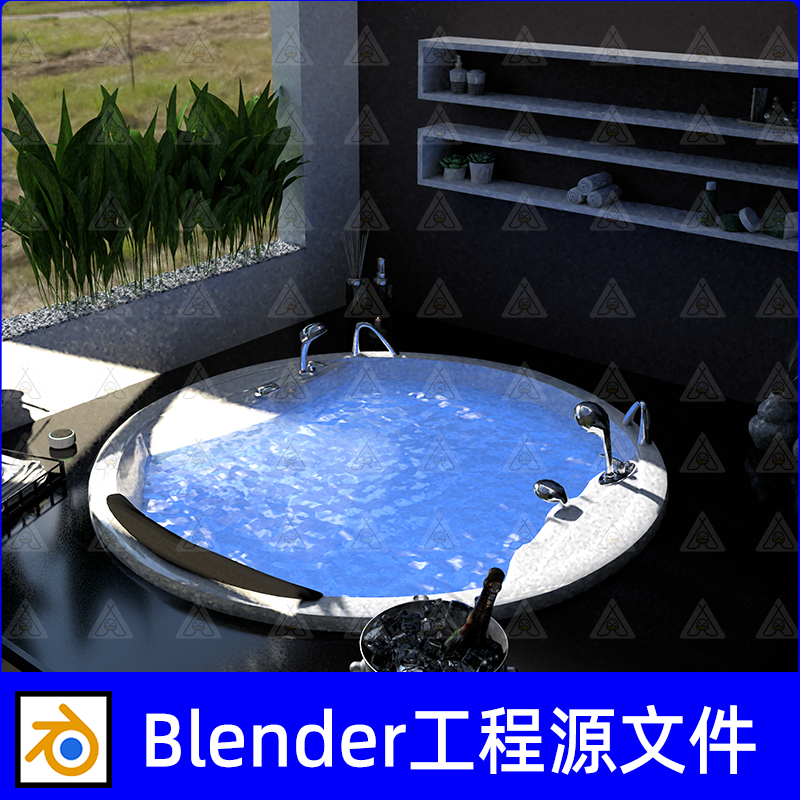 Blender浴室房间按摩浴缸圆形浴缸冰块和香槟瓶冰桶毛巾绿植