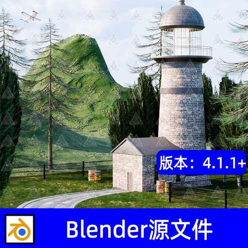 Blender写实瞭望塔灯塔小屋围栏树木山峦山坡草坪3D模型渲染工程