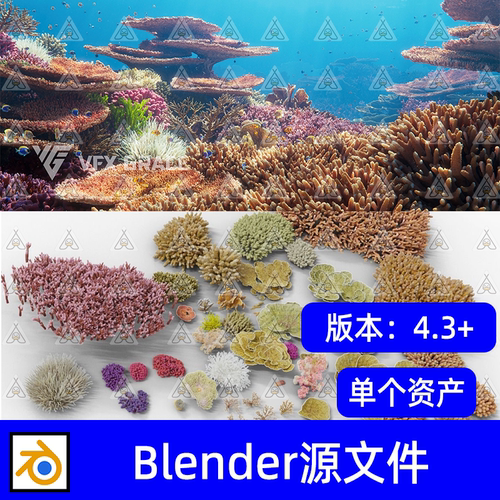 blender影视级海底世界珊瑚3D模型 鹿角叶状蓝斑珊瑚海百合海葵