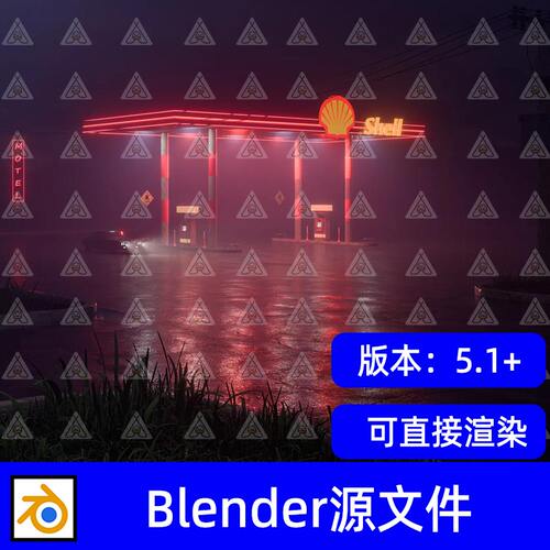 Blender赛博朋克红色霓虹复古美式加油站3D场景模型工程源文件