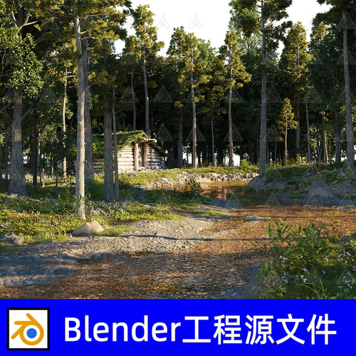 blender森林小屋丛林小屋树木花草草木小溪河流3d模型