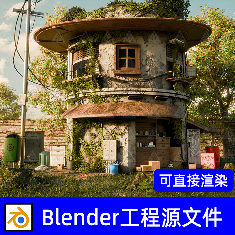 Blender卡通风格化老房子二层小楼日式房屋模型素材工程源文件