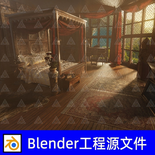 blender古典宫廷卧室复古华丽四柱床帷幔阳光窗户三维3d模型素材