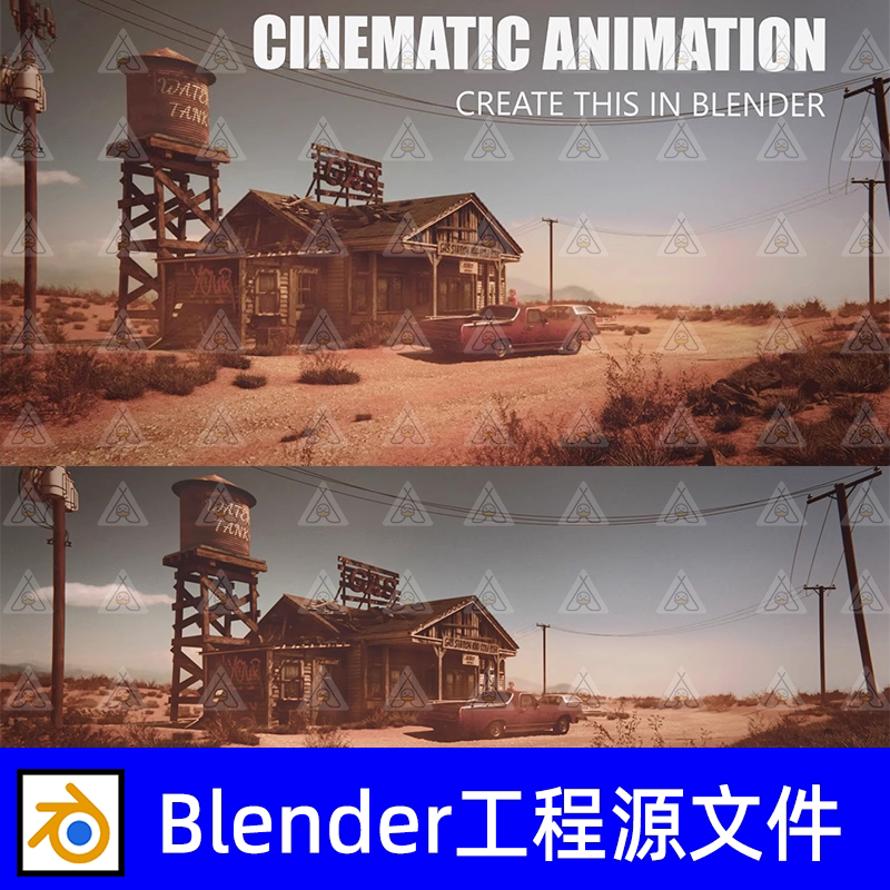blender荒凉西部建筑荒漠荒废加油站酒吧木屋旧皮卡电线杆3d模型