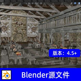 Blender中世纪维京酒馆木屋石屋大厅宴会厅酒桶长桌3D模型工程