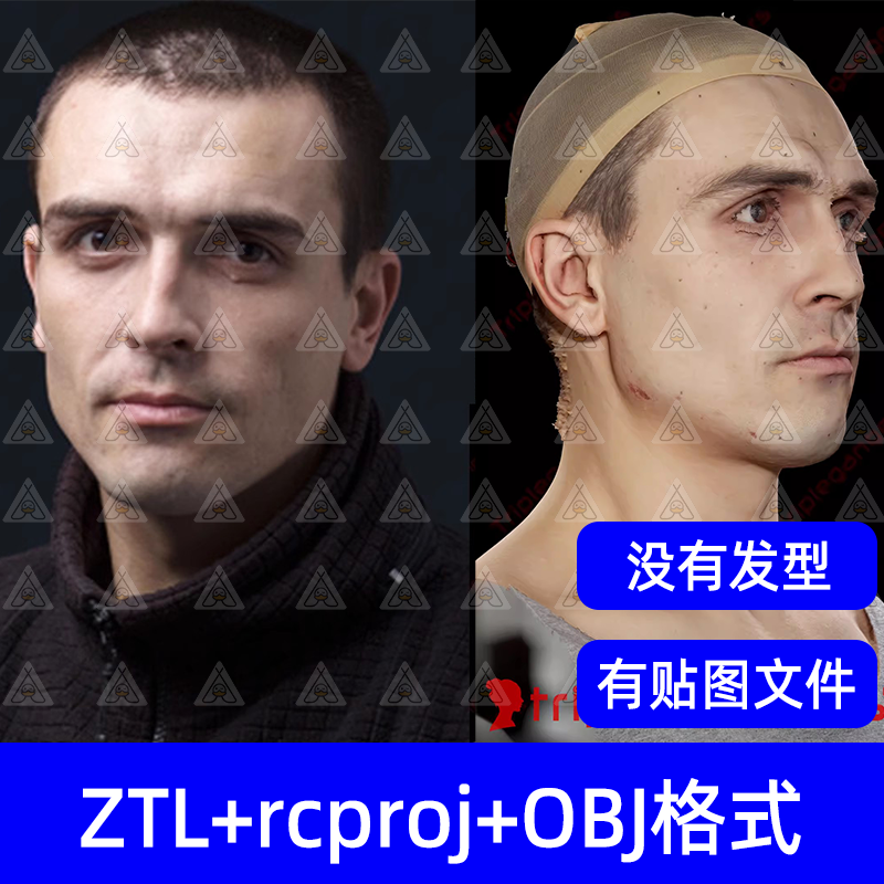 zbrush欧美中年男性写实扫描人头部脸部皮肤3D模型带贴图OBJ建模
