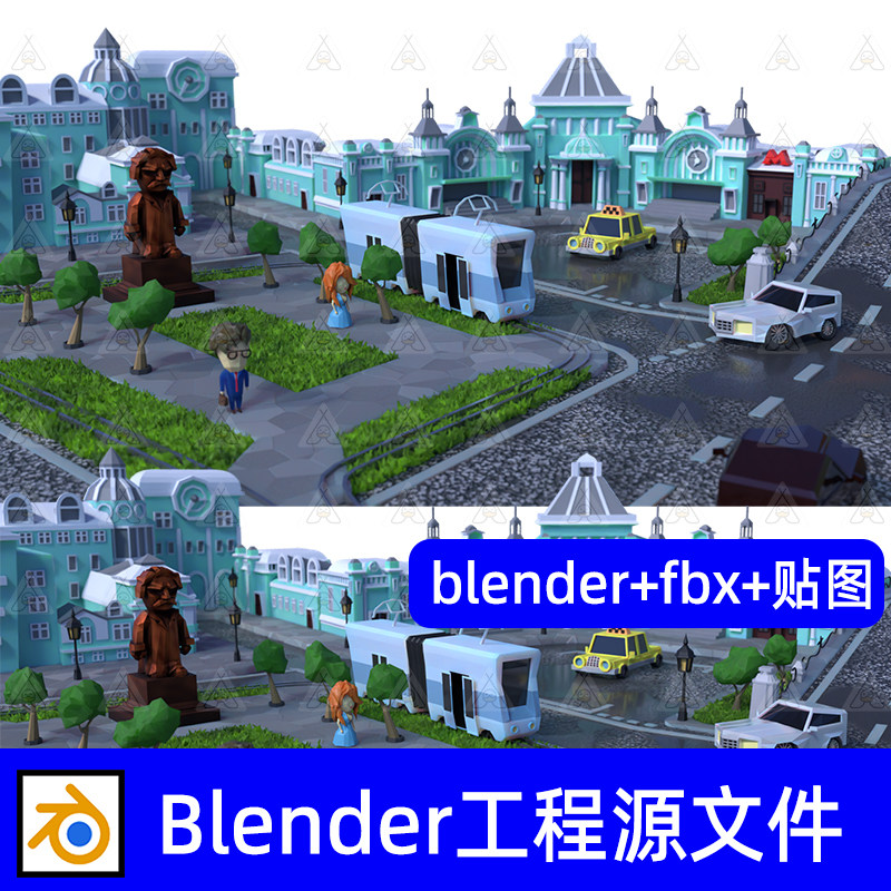 blender卡通城市低多边汽车人物城堡建房子筑场景3D模型工程文件