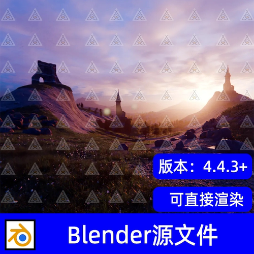 Blender奇幻日落山间山丘古老尖顶塔楼建筑草地碎石3D模型工程