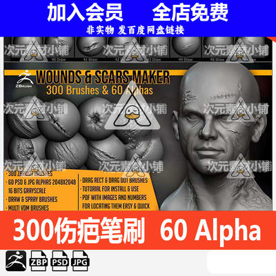 ZBrush皮肤烧伤损伤zbp笔刷ZB雕刻伤口疤痕疙瘩伤痕刀疤创伤alpha