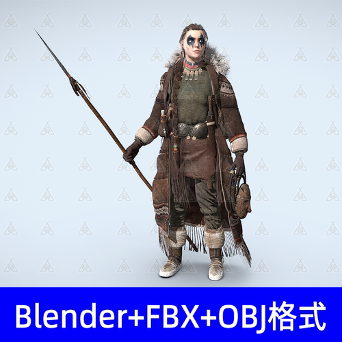 Blender复古原始部落长矛女战士3D模型素材fbx建模obj素材