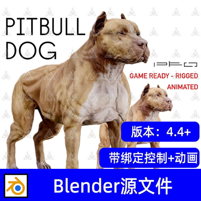Blender写实小狗比特犬动物带骨骼绑定动画3D模型行走走路跑动画