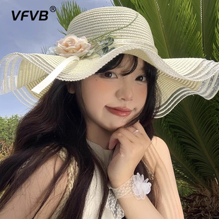 波浪邊花朵編織草帽女2025春夏海邊度假太陽帽大帽檐遮陽防曬帽子