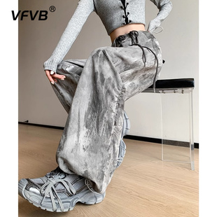 休閑顯瘦褲 復(fù)古中國風水墨扎染工裝 女2025春夏美式 設(shè)計感闊腿褲 褲