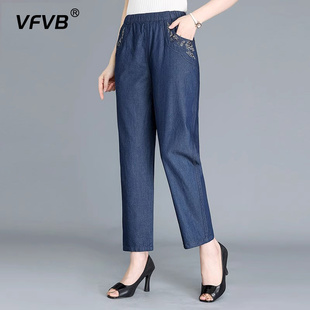 妈妈裤 薄款 全棉牛仔裤 子2024夏新款 直筒绣花中老年女裤 纯棉九分裤