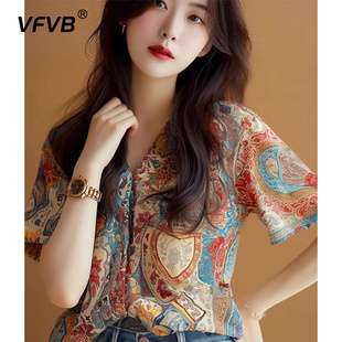薄款 女2024夏季 新款 高级感复古民族度假风上衣女 小衫 短袖 时尚 衬衫