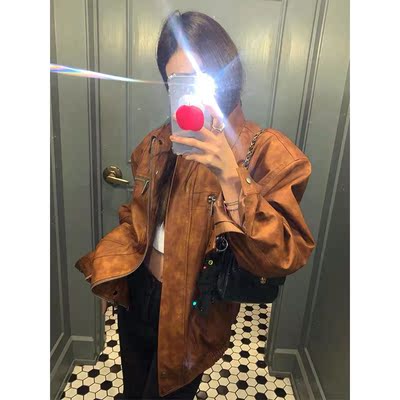 虞书欣同款美式复古PU皮衣外套