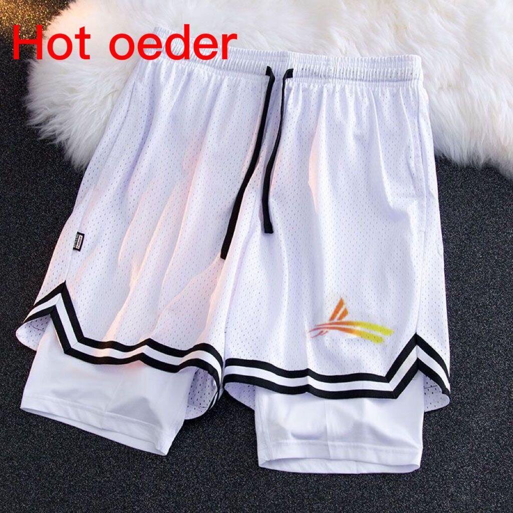 美式短裤速干双层带内衬三分跑步训练篮球健身假两件运动裤宽松夏