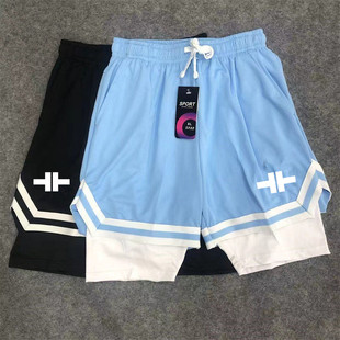 夏季假两件双层詹姆斯美式篮球运动短裤宽松北卡蓝健身跑步训练裤