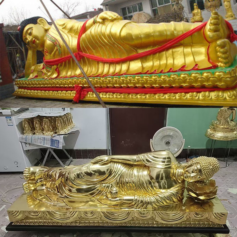 纯铜彩绘卧佛6米释迦牟尼佛像护法弟子迦叶阿难户外寺庙祠堂大佛