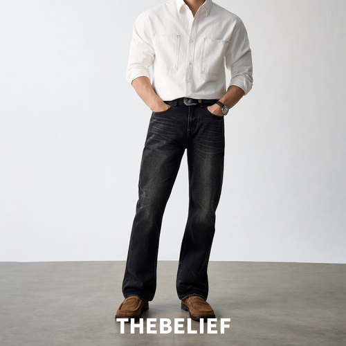 黑灰色直筒裤微喇牛仔裤男