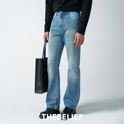 25936#春秋季复古重工水洗蓝色赤耳丹宁宽松直筒517微喇牛仔裤男