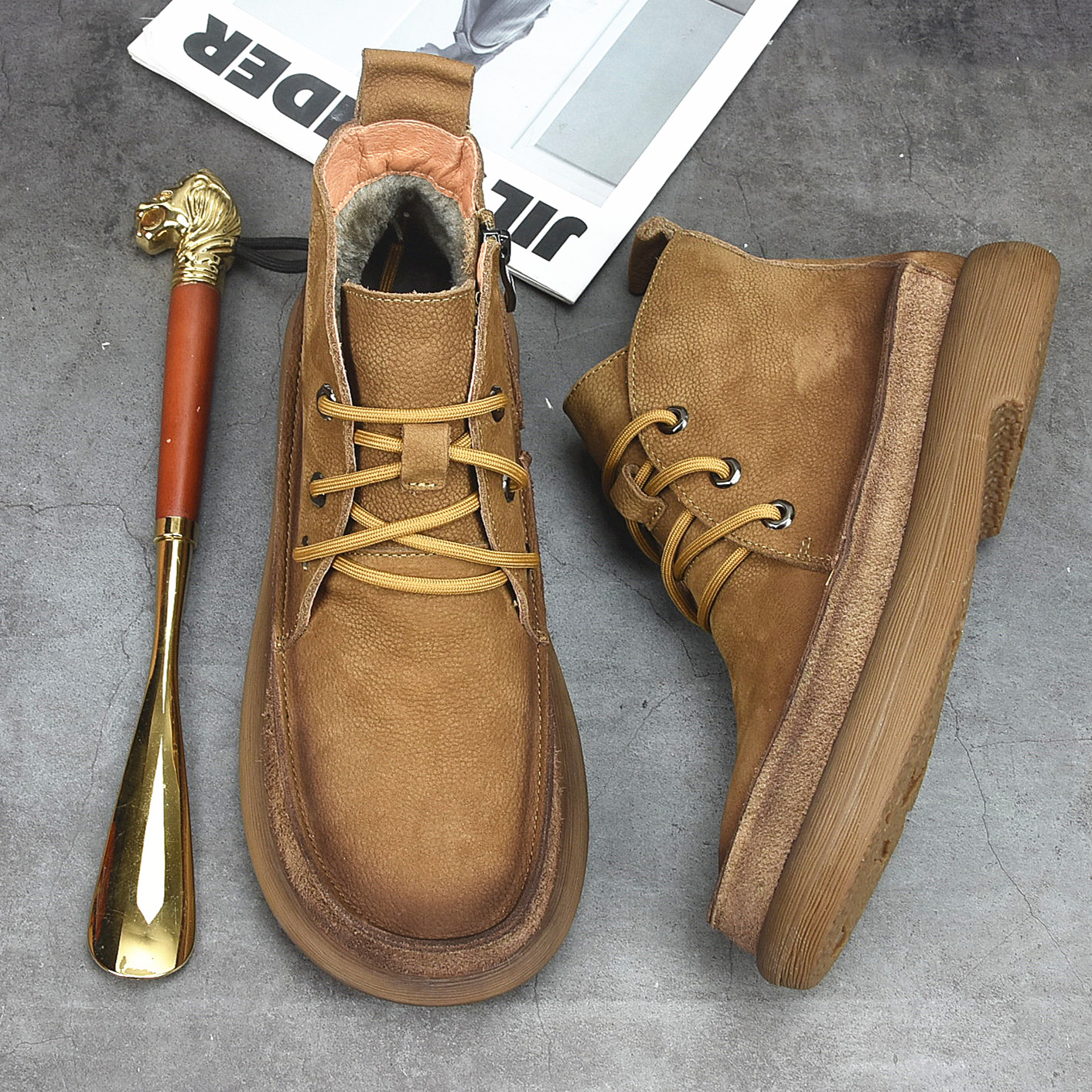 冬季加绒男鞋真皮高帮马丁靴男宽头拉链休闲皮鞋保暖棉鞋中帮短靴