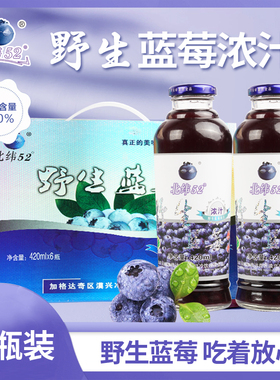 北纬52度纯野生蓝莓浓汁大兴安岭含花青素420ml*6瓶果汁含量60%