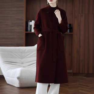 秋冬新款双面羊绒大衣女中长款宽松高端系带羊毛红咖色双面呢立领