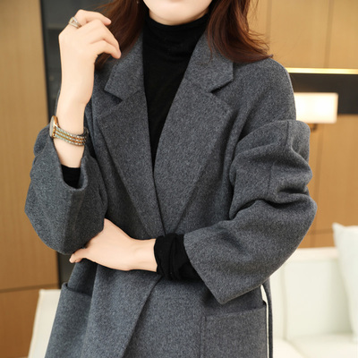 双面羊绒大衣女短款高端系带羊毛简约宽松毛呢外套气质双面呢秋冬