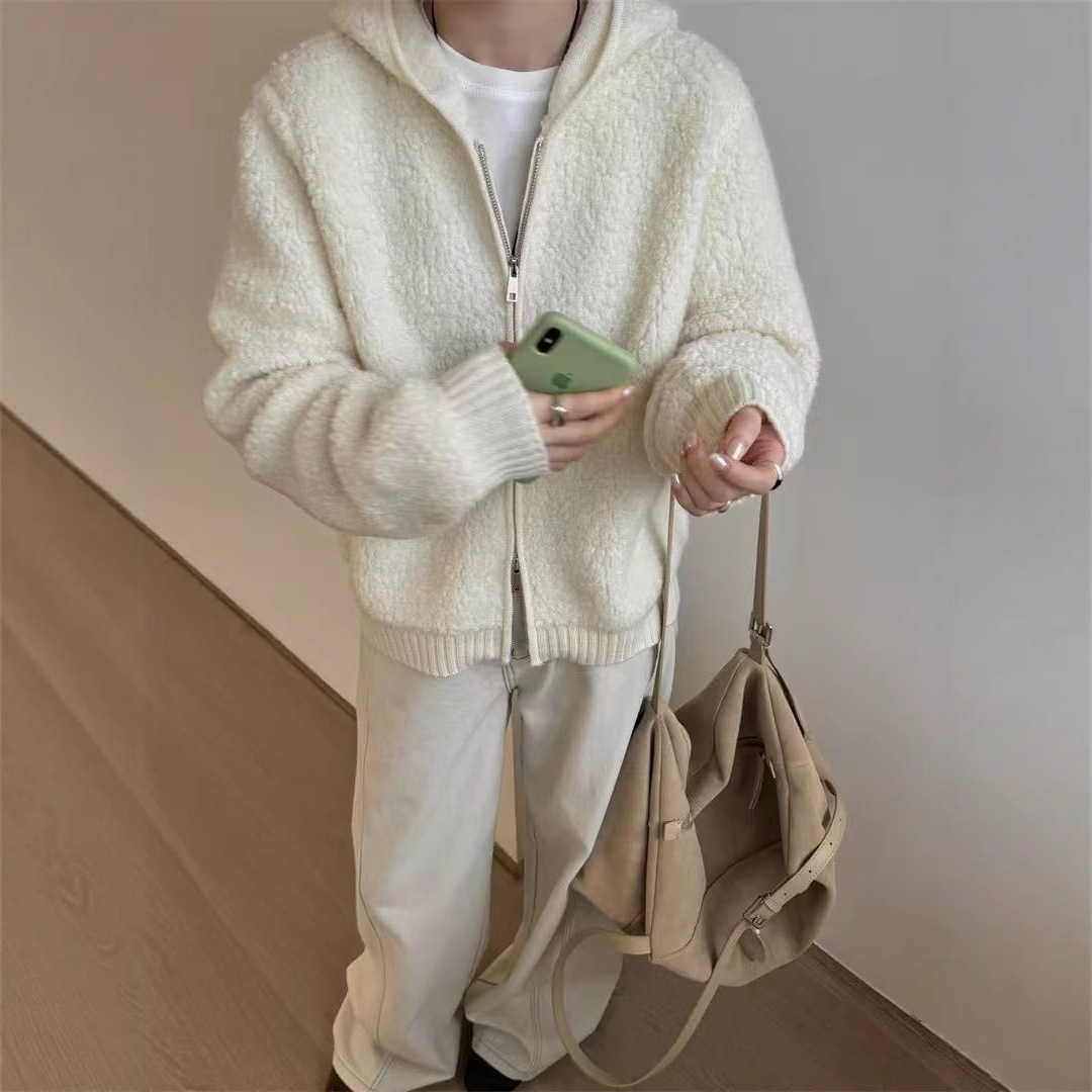韩版软糯羊羔绒连帽毛衣拉链外套女春季新款慵懒风针织卫衣开衫