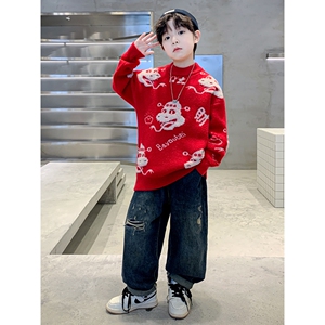 巴拉巴拉儿童装男童冬季红色毛衣2024新款中大童秋冬款龙年加厚本