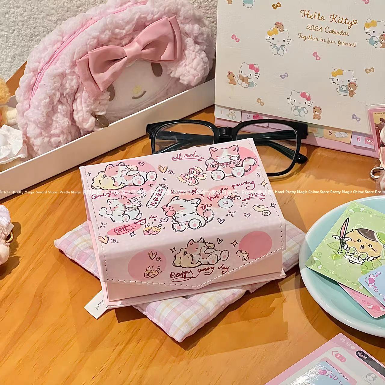 可爱粉色小猫高颜值磁吸卡盒pu皮质防水防尘追星拍立得小卡收纳盒