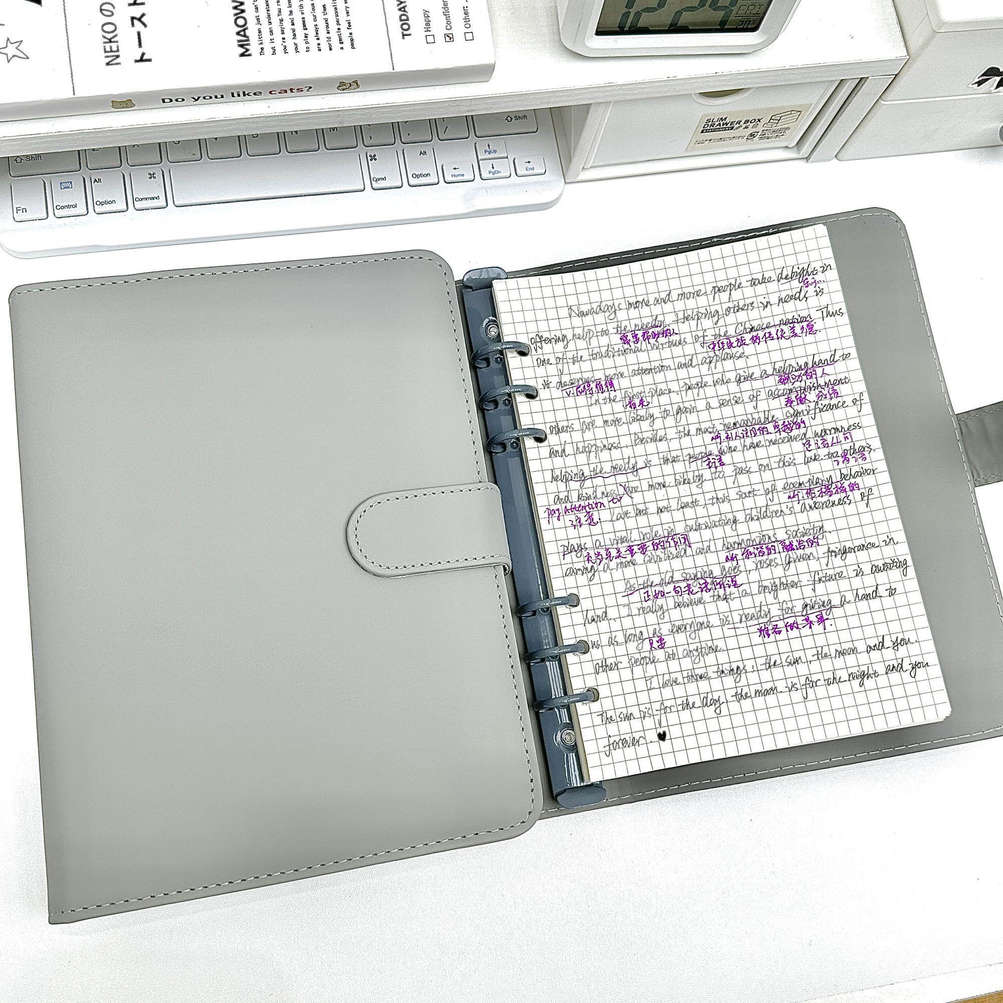 纯色A5pu皮质活页本银色磁吸软皮本横线空白方格简约可拆卸笔记本