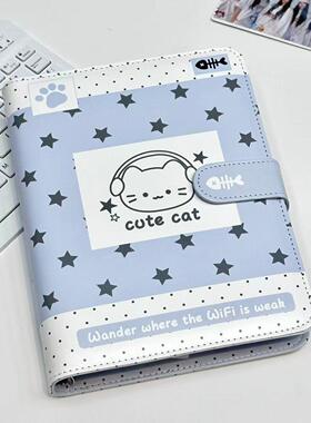 ins可爱蓝色星星耳机小猫PU卡册A5四宫格软皮活页小卡收纳册相册