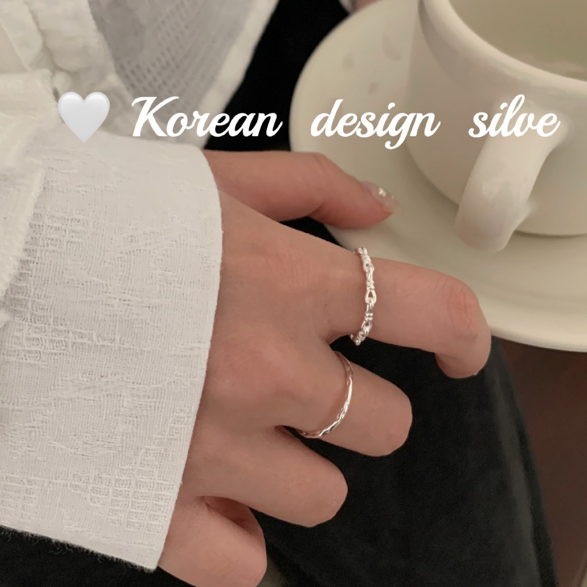 韩国亮银简约饰品 S925纯银蝴蝶结拼接戒指高级感个性叠戴指环女