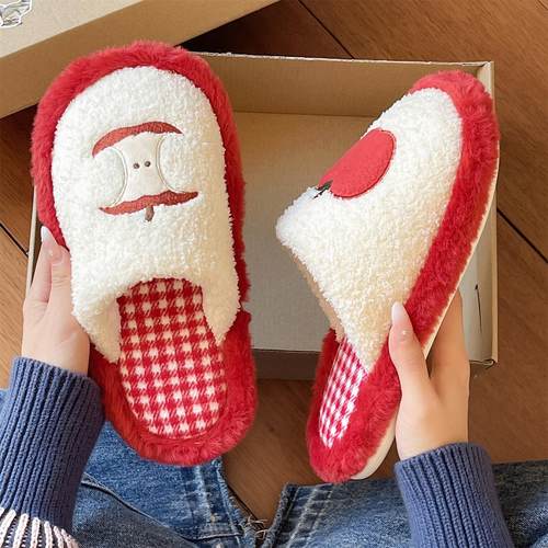 可爱红苹果棉拖鞋女冬季少女心毛毛鞋居家地板防滑月子鞋