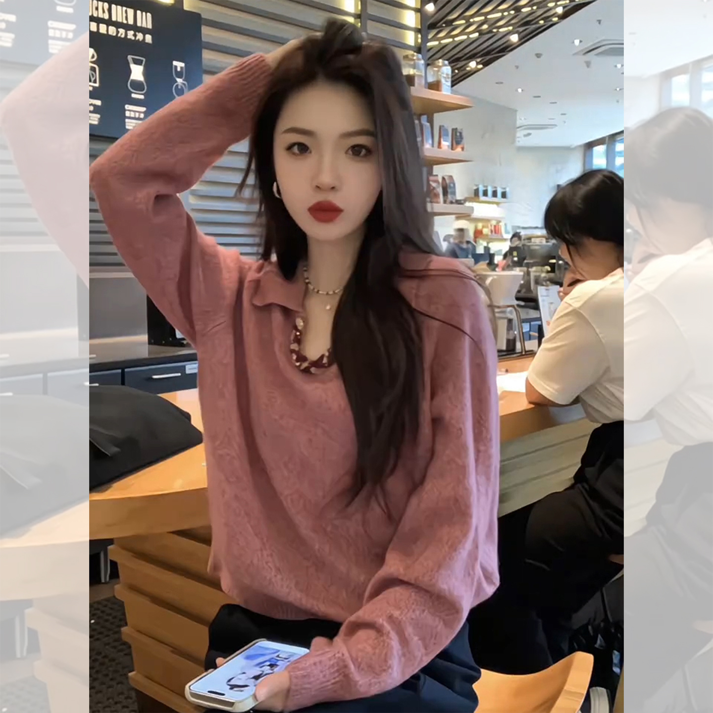 粉色polo领长袖针织衫女绝美巨好看的穿搭早秋季翻领毛衣时髦上衣