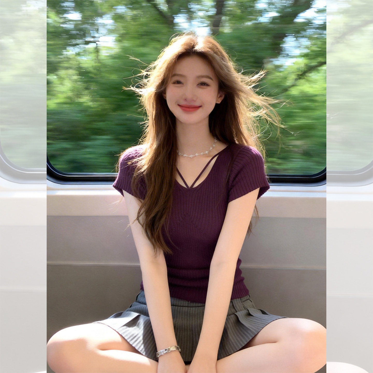 韩系chic别致紫色V领针织短袖T恤女夏穿搭小个子炸街独特漂亮上衣