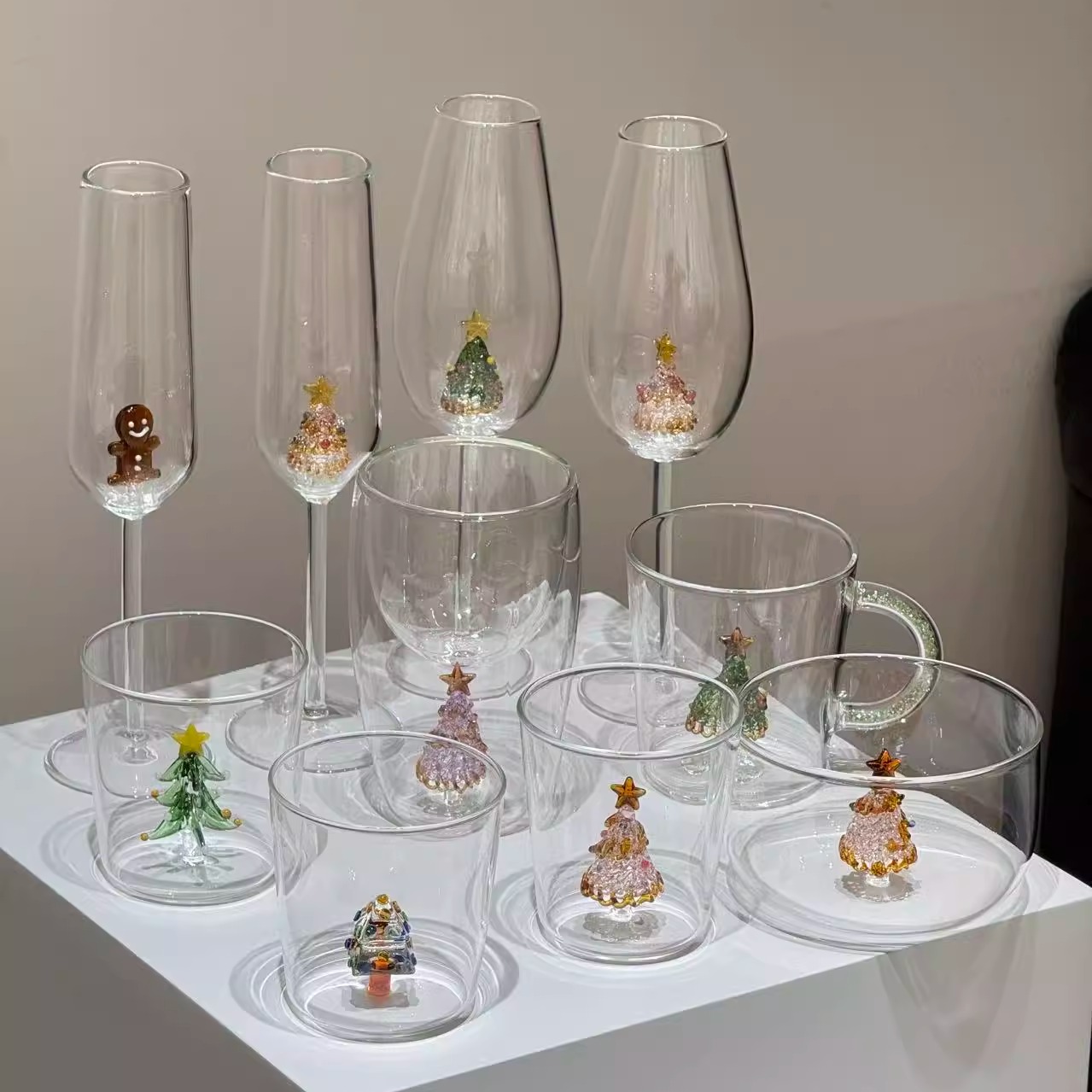 原创圣诞节立体3d圣诞树家用ins双层玻璃杯创意香槟气泡酒高脚杯