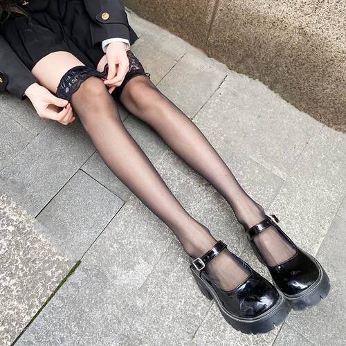 女士过膝袜 蕾丝花边防滑硅胶纯色JK洛丽塔风格显瘦性感高筒袜子