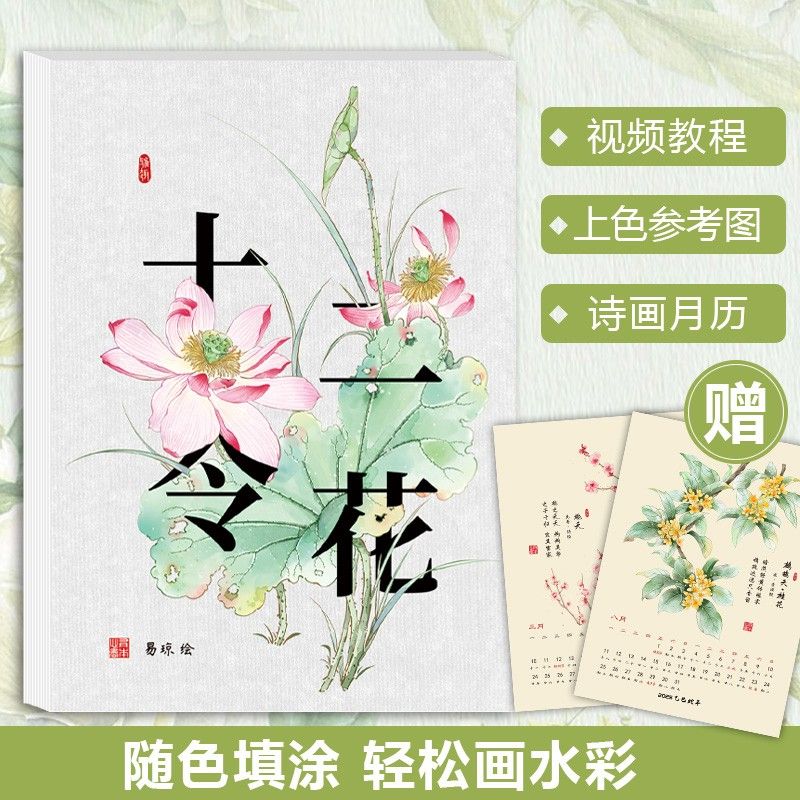 十二令花 水彩填色线稿纸 国画月历文艺日历摆件 花卉水彩涂色本