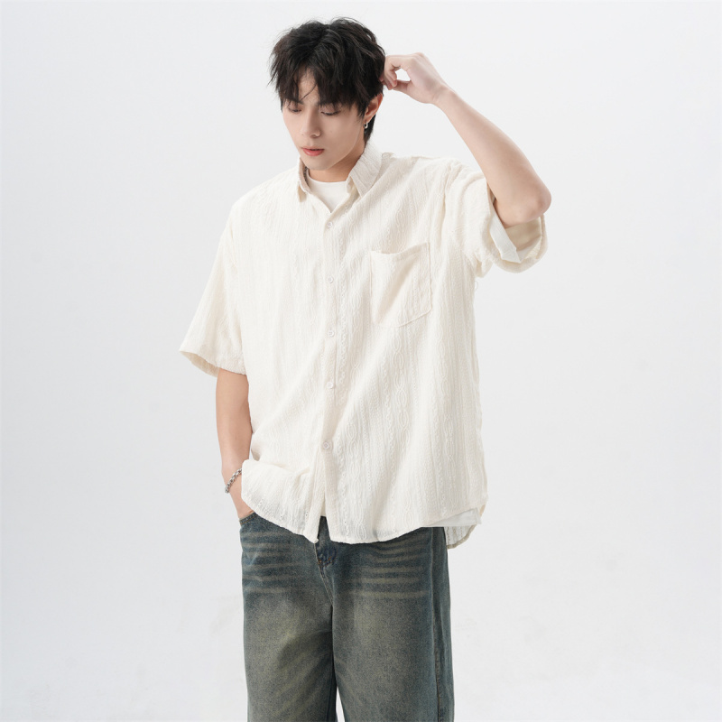 日系复古镂空短袖衬衫男女潮牌新