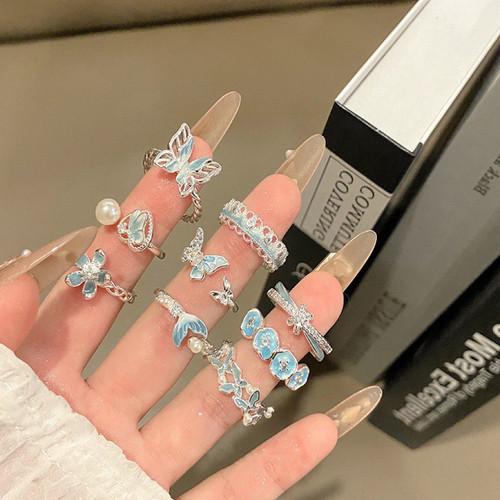 EmoPluto「天空云」套装自选～蓝色蝴蝶叠戴戒指小众设计开口戒