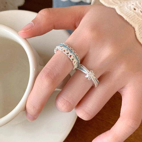 EmoPluto「蓝色滴釉」蕾丝花边叠戴戒指小众设计开口可调节食指戒