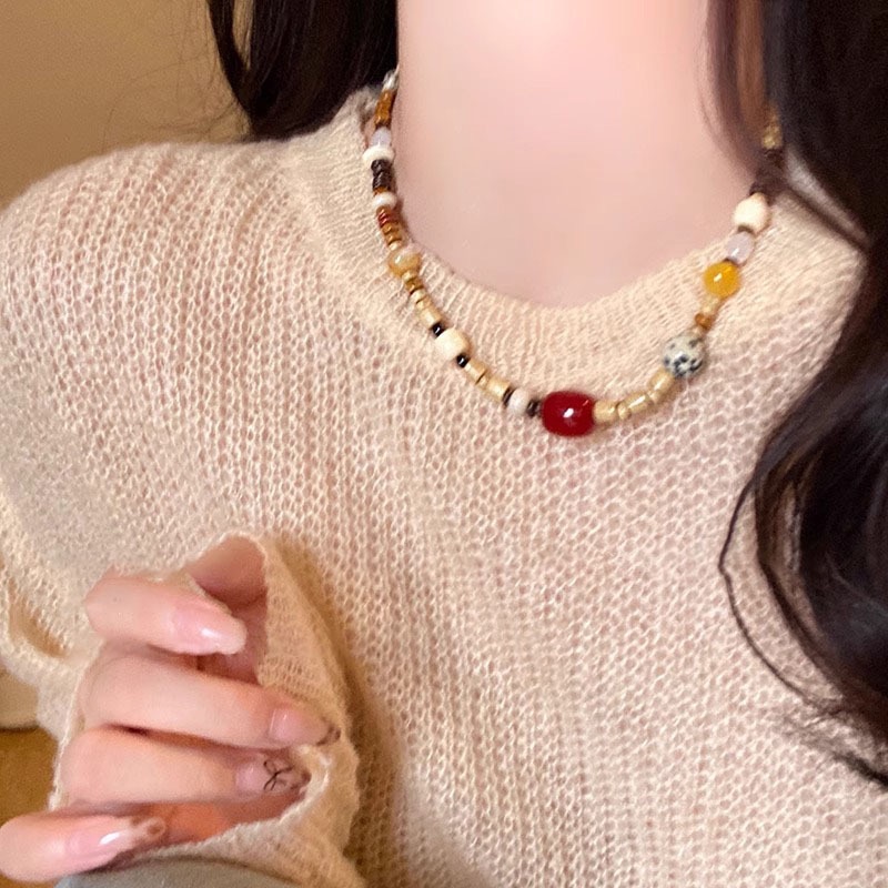 EmoPluto「氧气少女」天然玉石木质珠不对称彩色串珠高级锁骨链